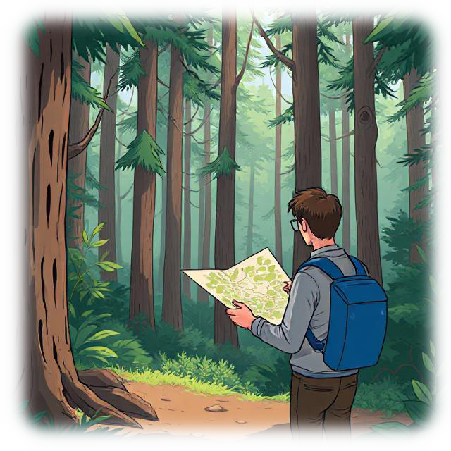 Man with  map in a forest